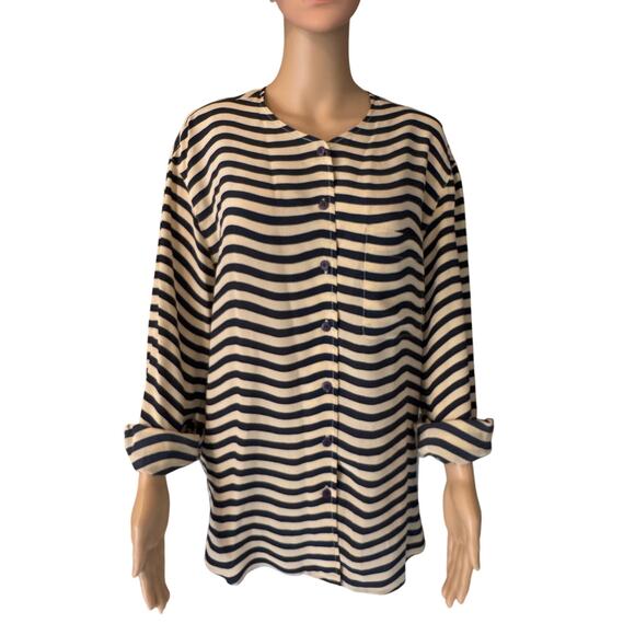 Anne Klein II Silk Button Up Blouse in Navy/Beige Stripe, Size 10 - Picture 5 of 7
